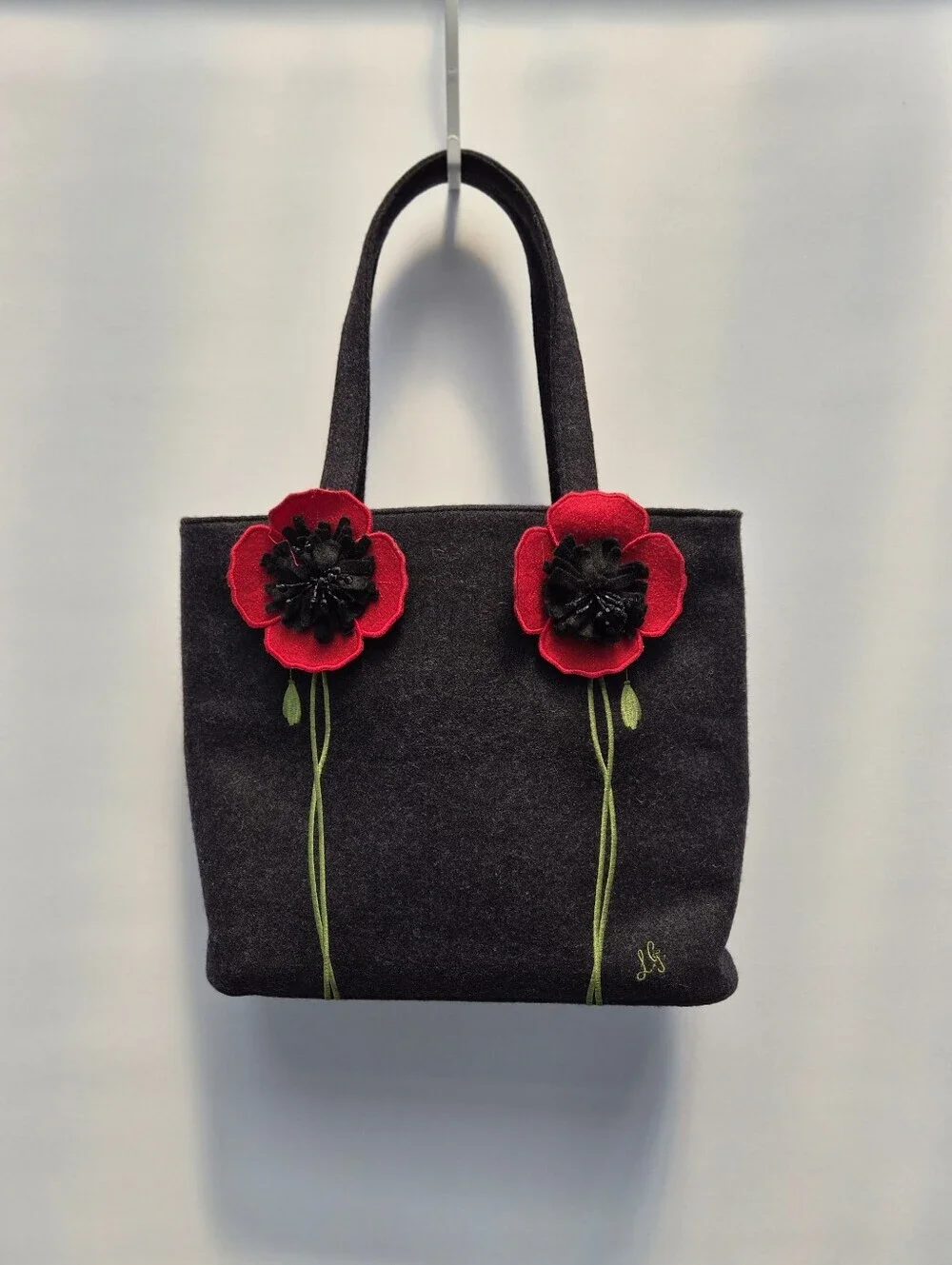 VTG Lulu Guinness Black Wool Felt Poppy Tote Bag Handbag Red Floral Embroidered